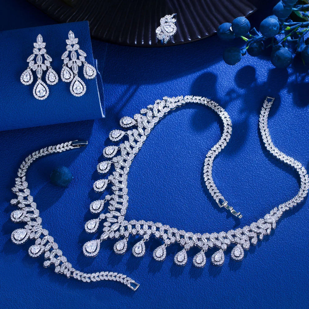 4pcs Cubic Zirconia Big Tassel Necklace Earrings Bracelet and Ring Luxury Wedding Bridal Jewelry Set for Women