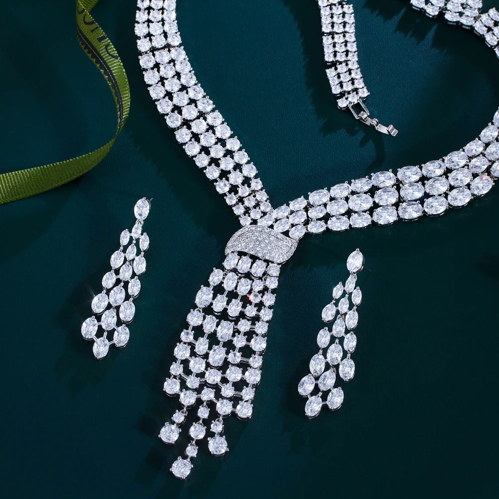 Super Shiny Luxury Cubic Zirconia Long Big Earrings and Necklace Set Party Wedding Bridal Jewelry Set for Women Jewellery