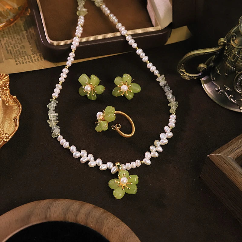 GLSEEVO Natural Freshwater Pearl & Green Jade Flower Jewellery Set — Necklace, Earrings & Ring