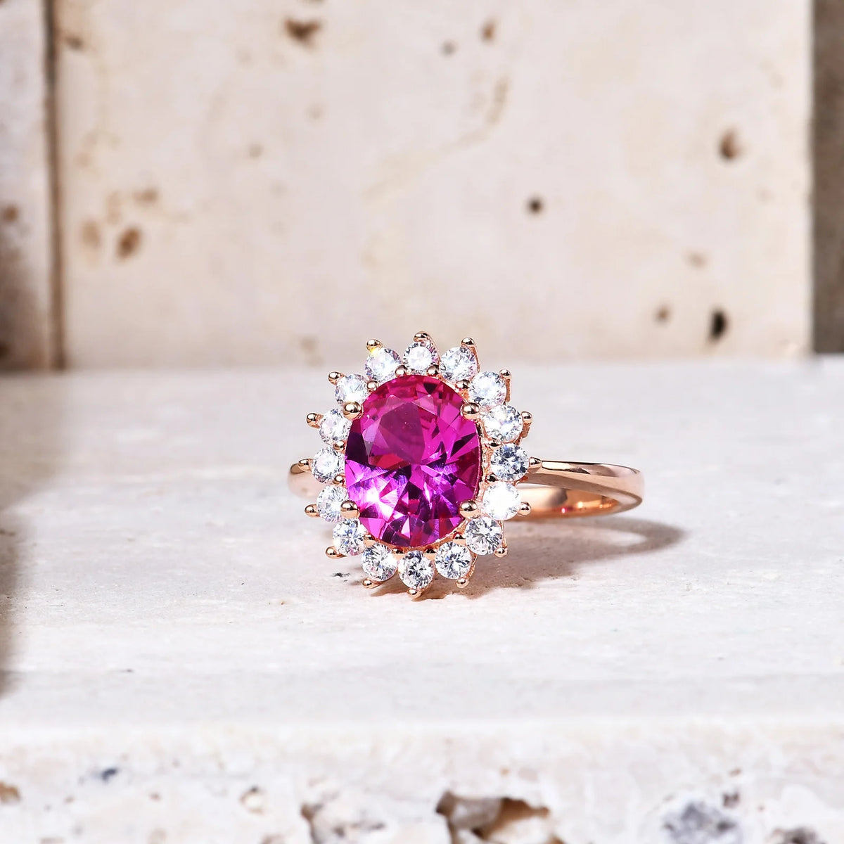 ArtistA Abiding Rose Gold Plated 925 Sterling Silver Oval Lab Pink Sapphire Nanocrystal Morganite Halo Engagement Ring for Wedding Women