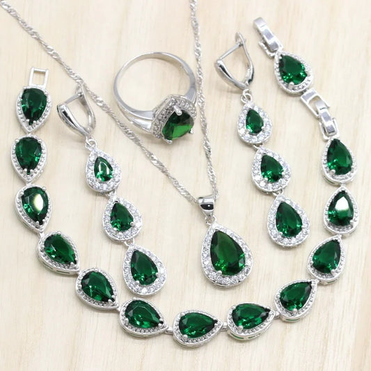 Water Drop Zircon Green Stones Jewelry Set Bracelet for Women Platinum Plated Engagement Wedding Party Long Earrings Ring