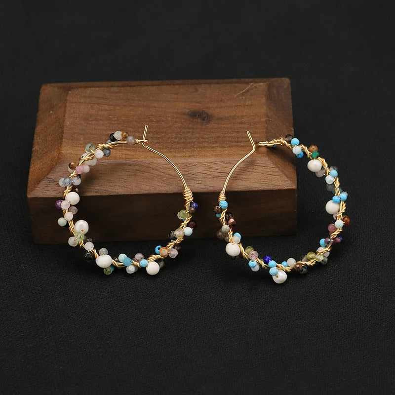 GLSEEVO 2022 Sells Hip Hop Colorful Natural Stone Gems Hoop Earrings Luxury Charm Women Gift Fine Jewelry Earrings