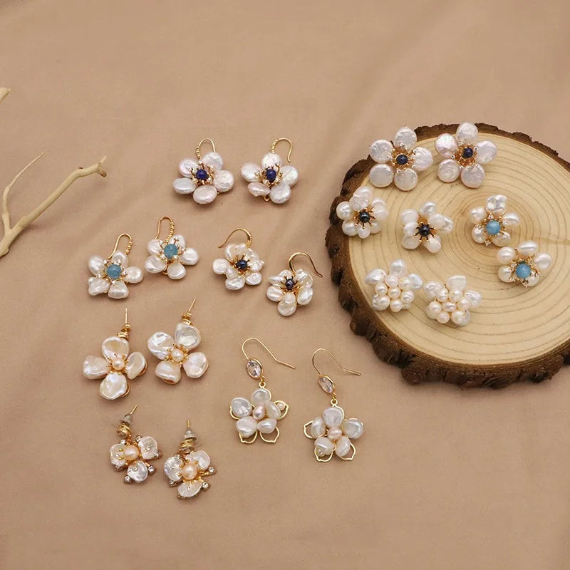 New Jewelry Yiwu Wholesale Natural Baroque Pearl Stud for Women Flower Earrings Korean Wholesale Bulk 18K Gold Plated Jewelry