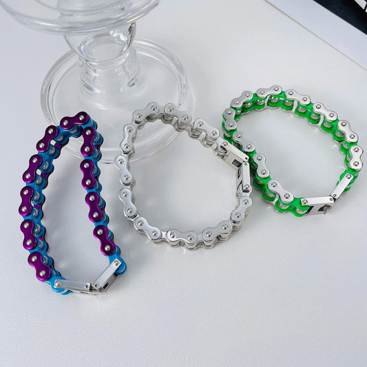 FASHIONISTA Charms Hip Hop Exquisite Enamel Color Plated Stainless Steel Bicycle Chain Men Bracelet European and American Creative Jewelry