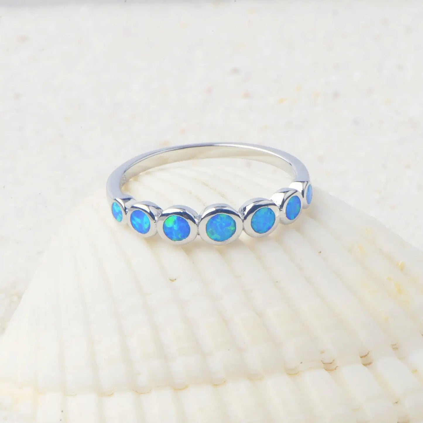 Gradient Round Blue Opal Stackable Ring | Iridescent Gem Inlay  Band | Minimalist Layered Jewelry for Women Trendy Style