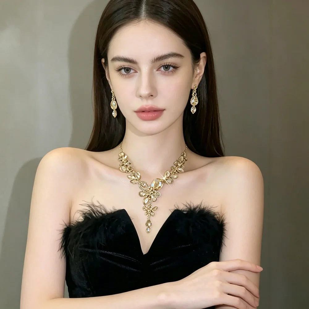 Luxury Princess-Cut Zirconia Champagne Crystal & Pearl Floral Necklace & Drop Earrings Bridal Set — Gold Plated
