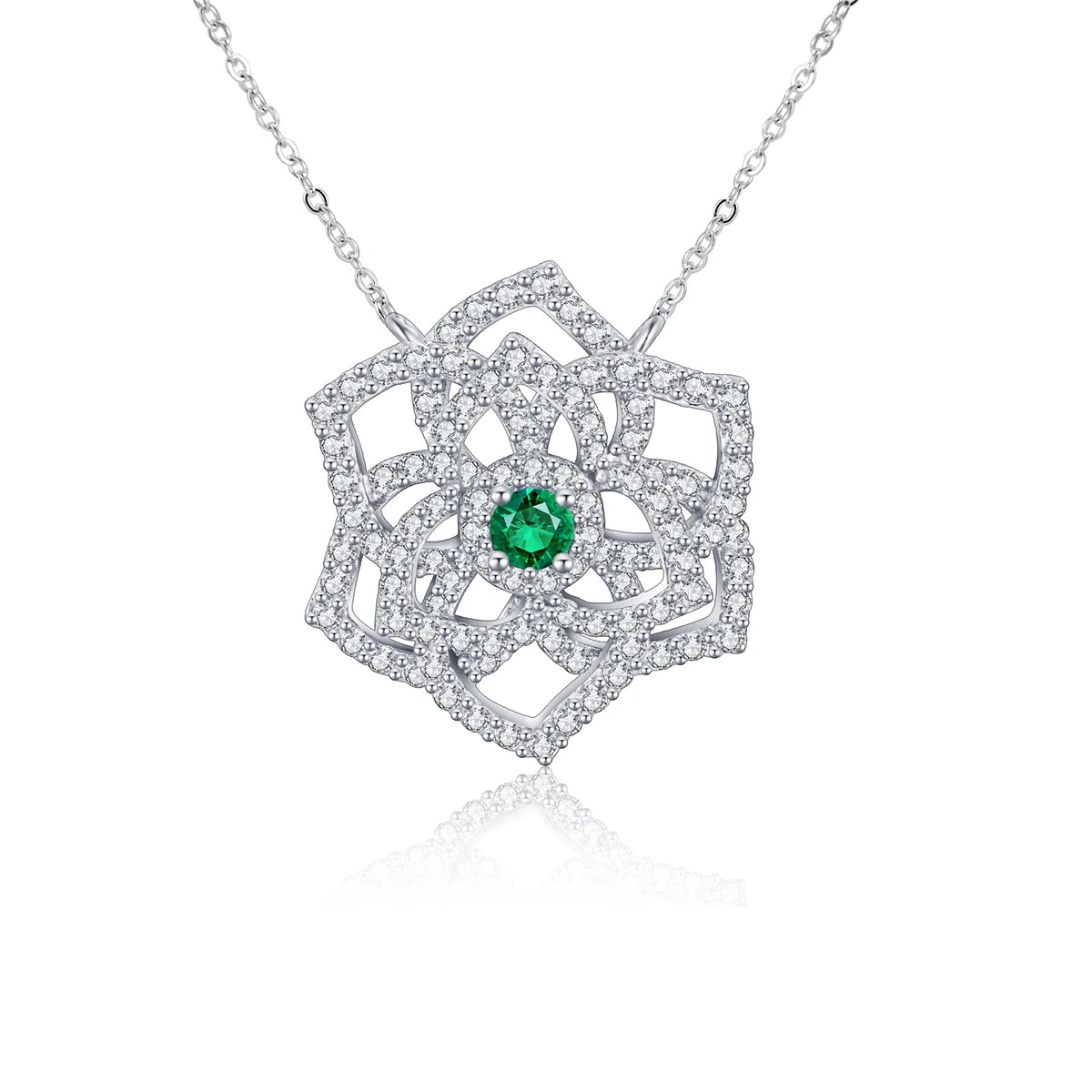 Gemfiori ANSTER 925 Sterling Silver Customised Necklace Round Emerald Diamond Rose Flower Necklace With 18 Inch Silver Chain