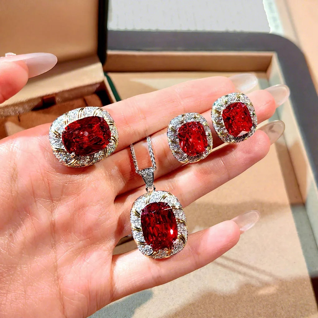 S&S Silver Plated Zircon Romantic Jewellery Set | Red & Champagne