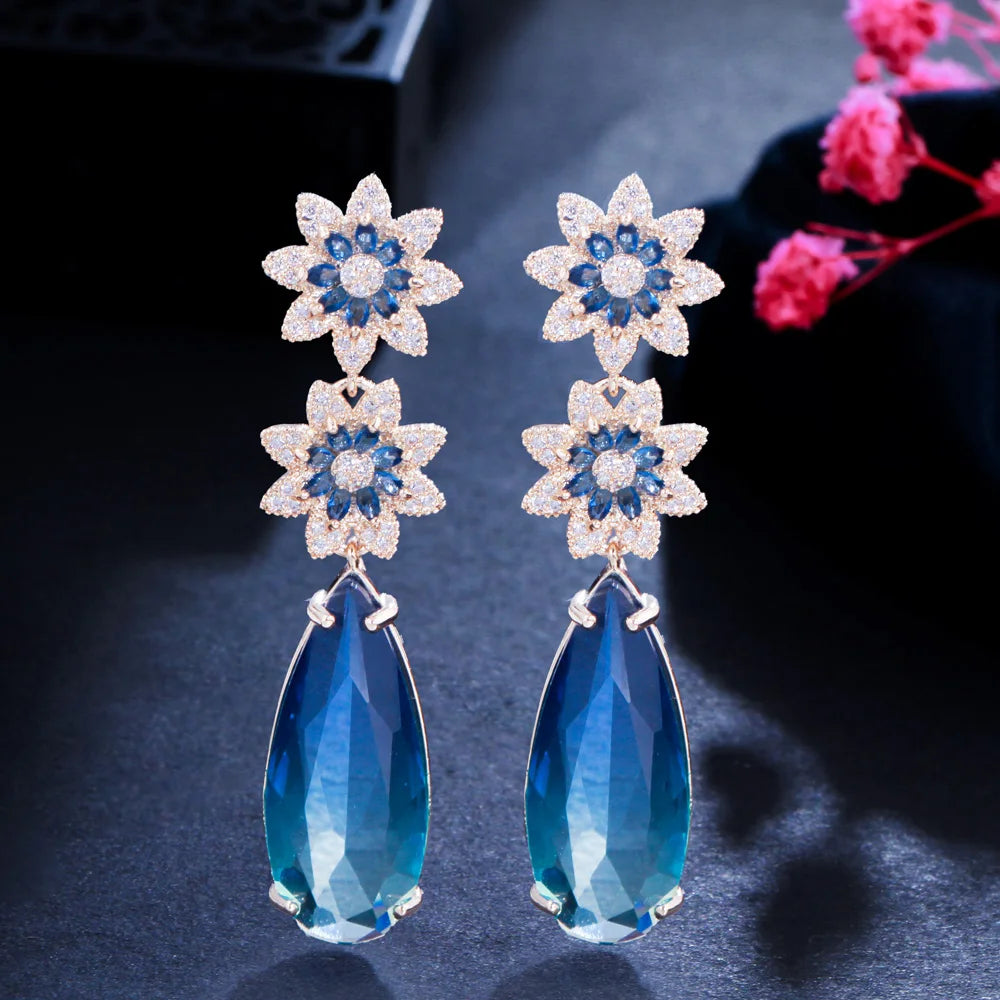 Beautiful Dangly Flower Blue Cubic Zirconia Crystal Long Big Water Drop Earrings for Women Wedding Bridal Gift Jewelry
