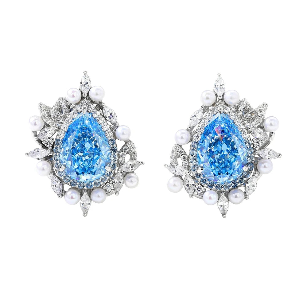 MUSHAN Jewelry Factory 925 Sterling Silver Stud Earrings Luxury HCD Aquamarine Synthetic Sapphire Ear Pin Earrings Stud Jewelry