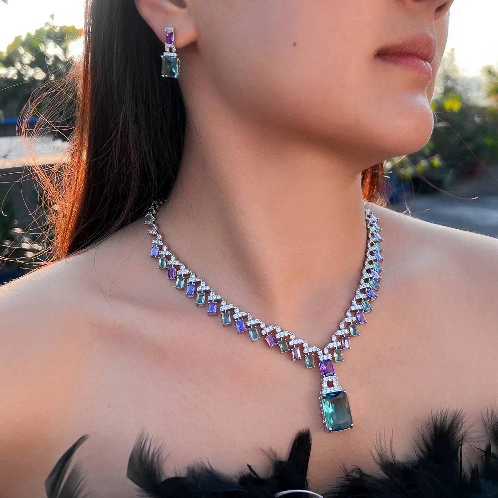 Beautiful Purple Blue Cubic Zircon Crystal Dangle Drop Bridal Wedding Necklace Earrings Party Jewelry Sets for Women