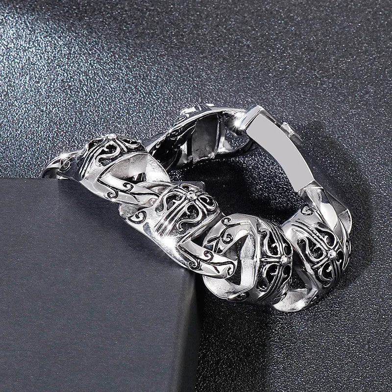 KALEN Mens Punk Style Fine Jewelry Fashion Bracelets Stainless Steel Bold Skull Links Bracelet
