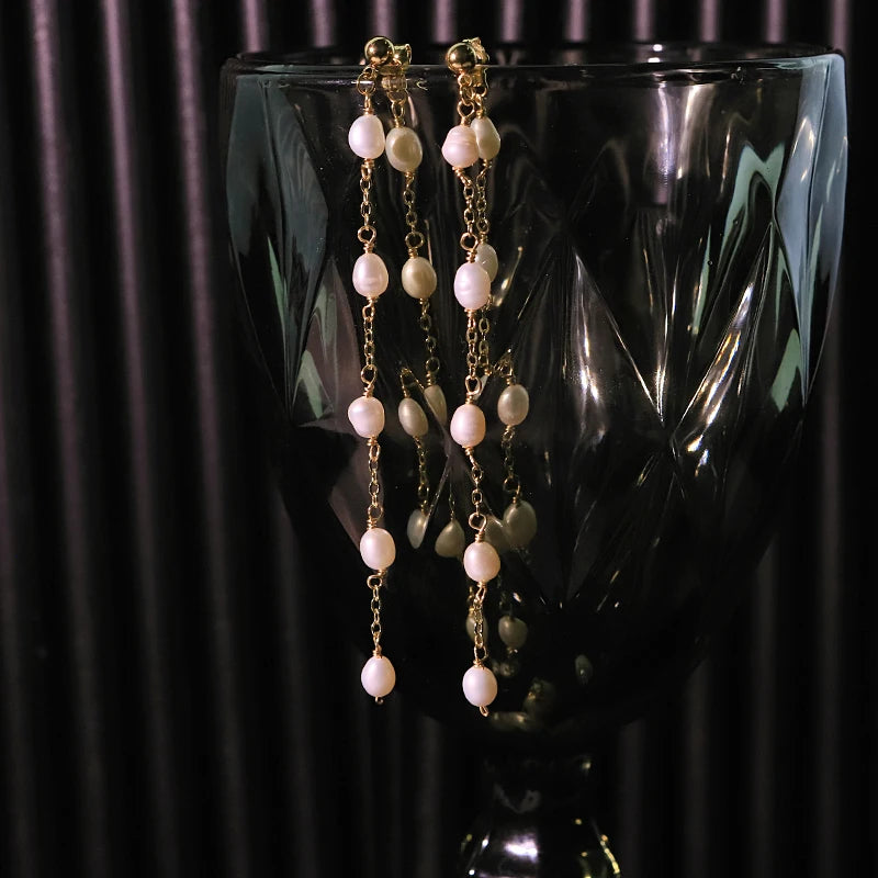 Natural Freshwater Pearl Copper Bead Chain Earrings Handmade Design Earrings Banquet Wife Women's Jewelry GE1732