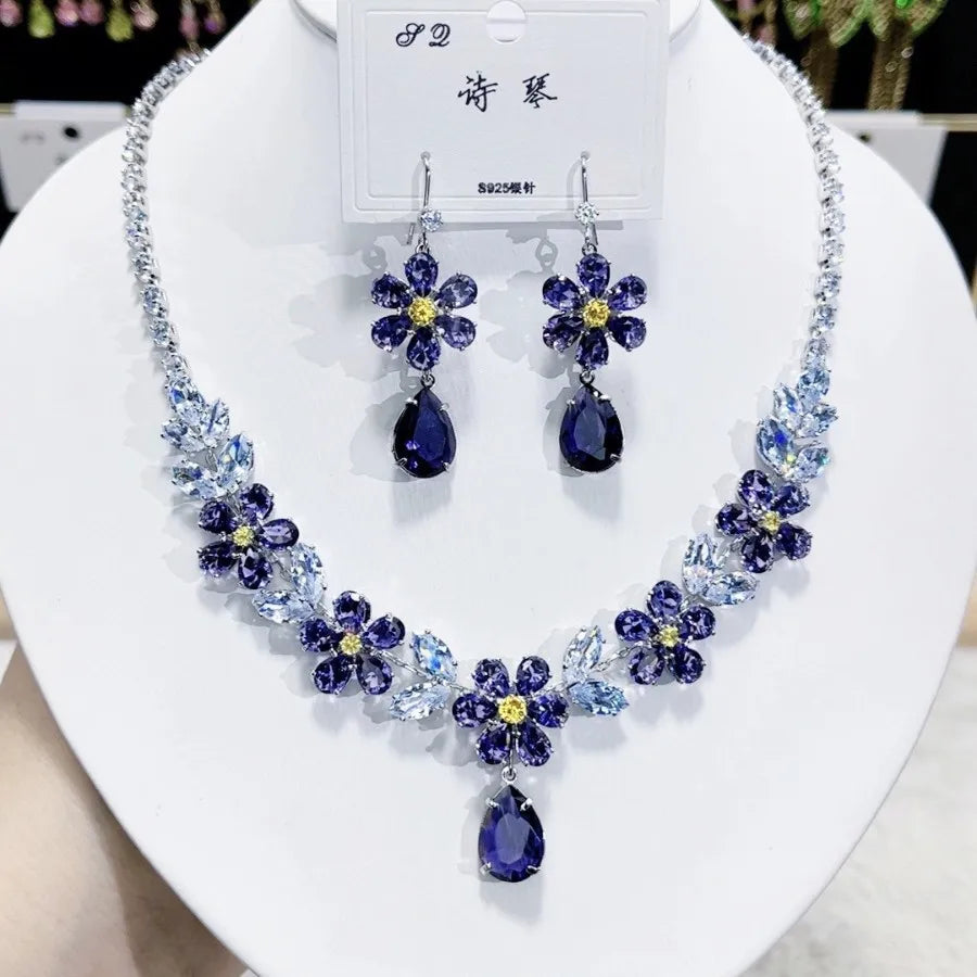 K087 Hot Selling Women Trendy Luxury Bridal Flower Blue Zircon Necklace Earrings Set Wedding Elegant Jewelry Set