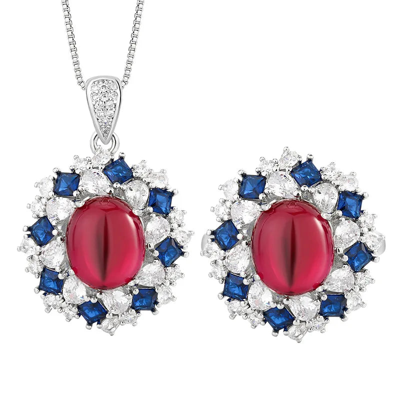 Eco-friendly Copper Vintage Jewelry Set Pigeon Blood Red Cubic Zirconia Iced Out Oval Cut Earrings Necklace for Women Party Gift