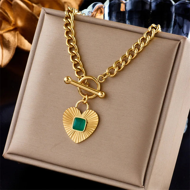 Gold Green Crystal Heart Necklace & Earrings Jewellery Set | Bold Romance Fashion Set