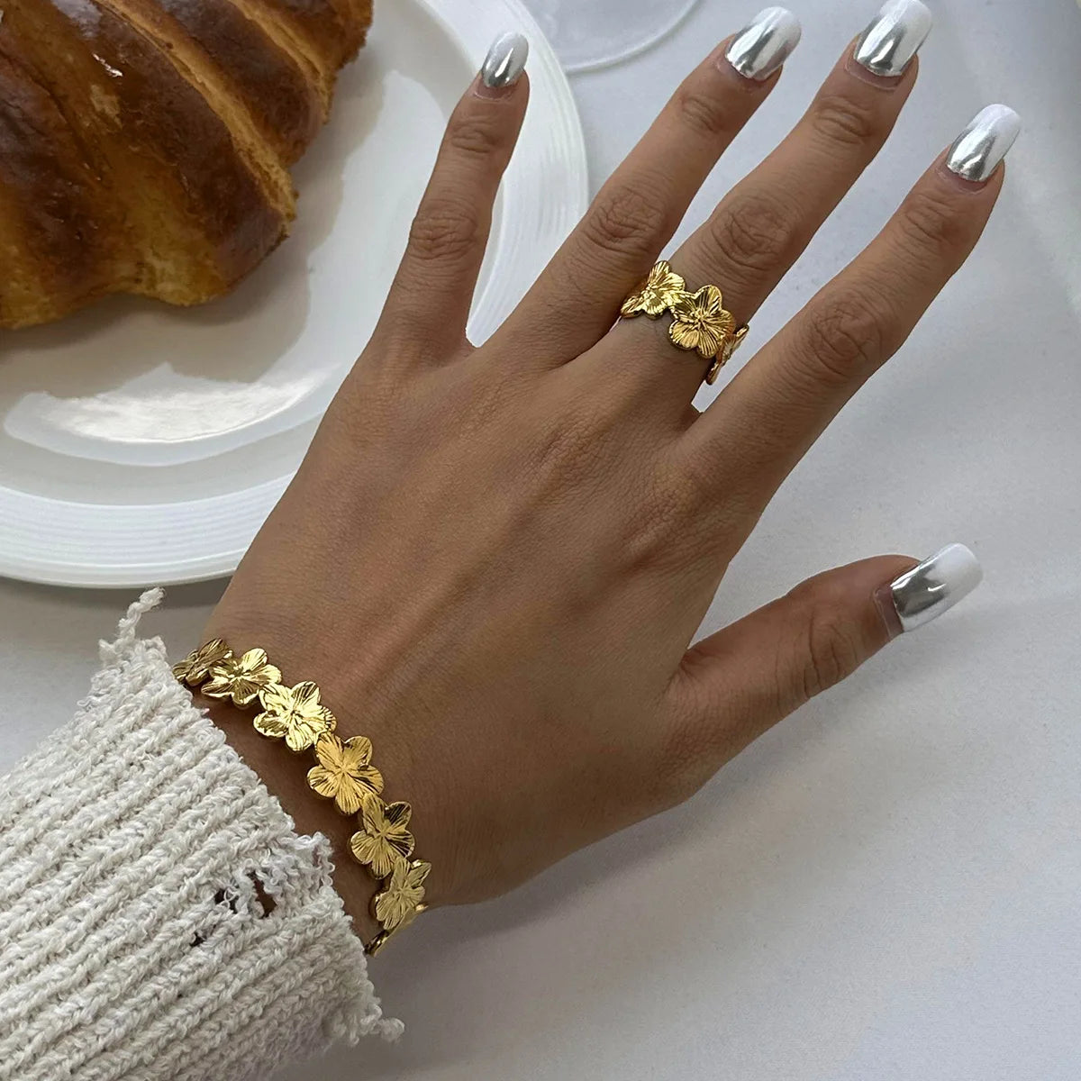 S&S 18K PVD Gold Flower Cuff Bracelet & Ring Set | Stainless Steel