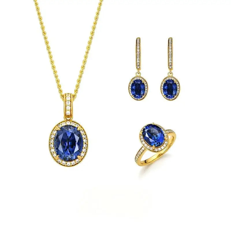ArtistA High Quality Prong Set 925 Sterling Silver Lab Grown Blue Sapphire Ring Earring Necklace Set