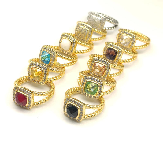 FASHIONISTA DY High-Quality Silver-Plated 14mm Square Diamond-Set Ring, Gold-Plated Colored Gemstone-Set Ring, Jewelry