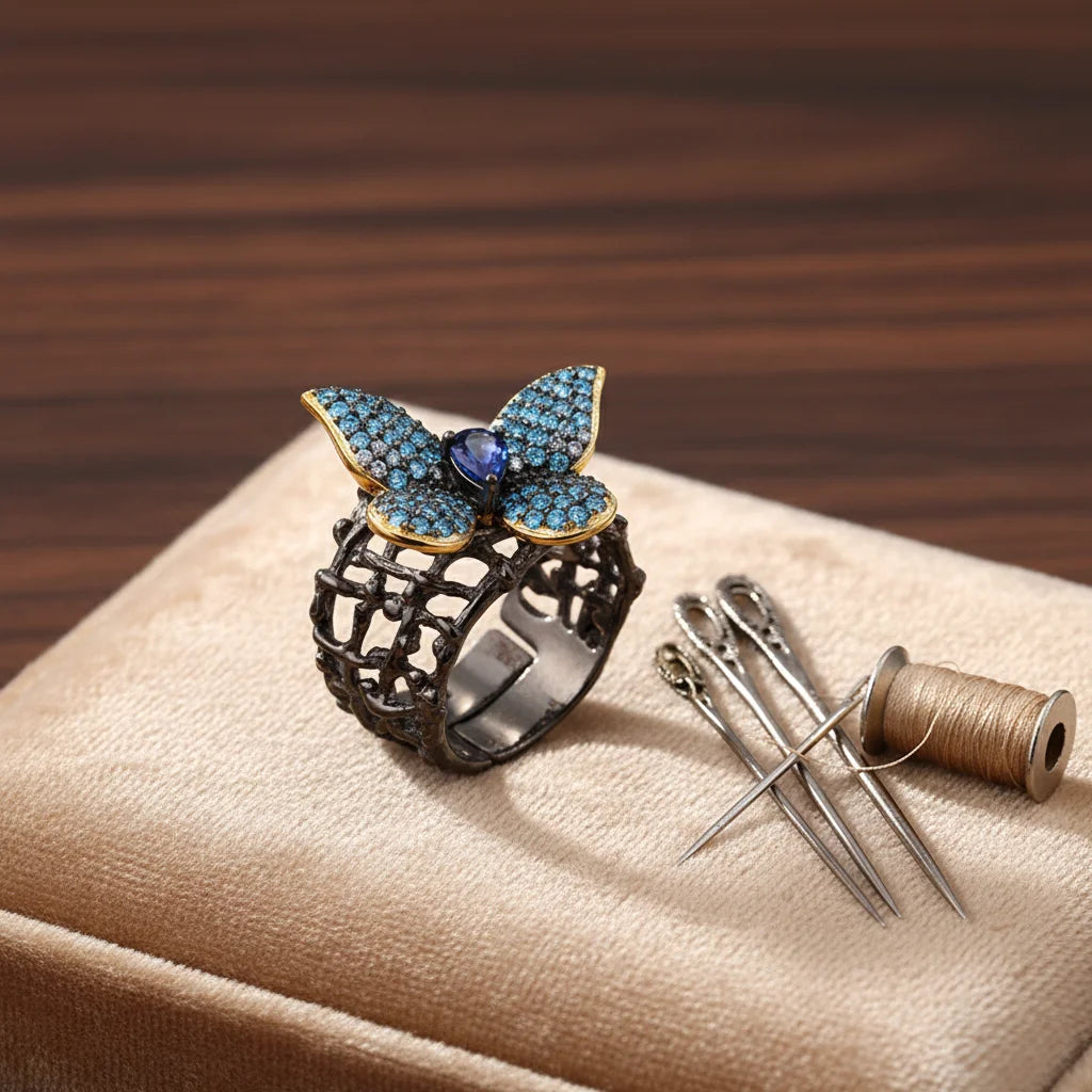 Handmade Fashion Blue Butterfly 925 Sterling Silver Ring With Gold Plated