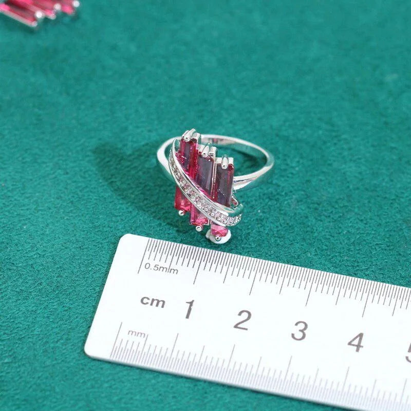 XOTICA Red Zircon Silver Color Wedding Jewelry Set for Women Bracelet Earrings Necklace Pendant Ring for Parties Engagements Birthday