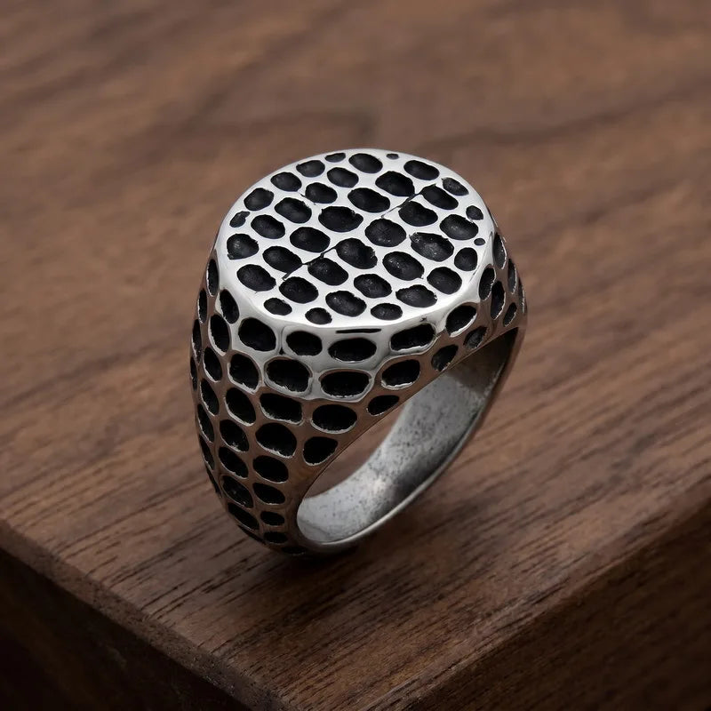 Kalen Punk Domed Hammered Texture Thumb Ring Vintage Blackened Wide Meteorite Pattern Stainless Steel Men's Ring