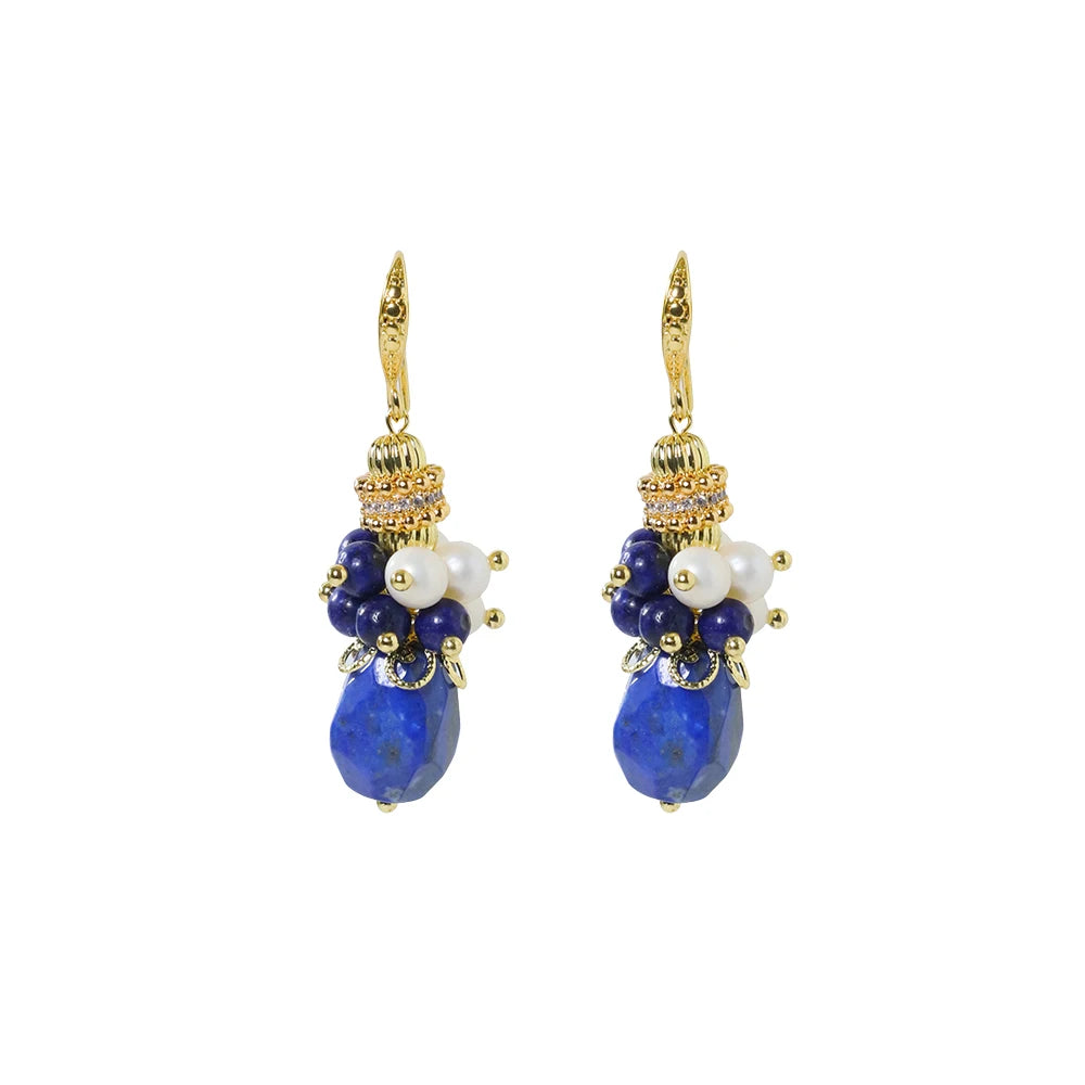 Natural Freshwater Pearl Lapis Lazuli Flower Earrings Korean Style Women Luxury Jewelry Fashion Ladies and Girls Gift GE1550