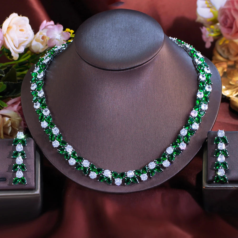Trendy Green White Color Cubic Zirconia Wedding Brides Anniversary Jewelry Set for Women Necklace and Earrings Dress Accessories