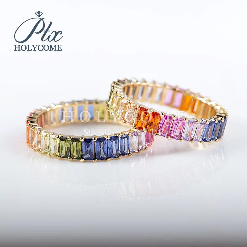 Gemfiori Real 18k Solid Gold Ring Colorful 3x5mm Rectangular Moissanite Diamond Women Ring Luxury Fashion Wedding Engagement Ring