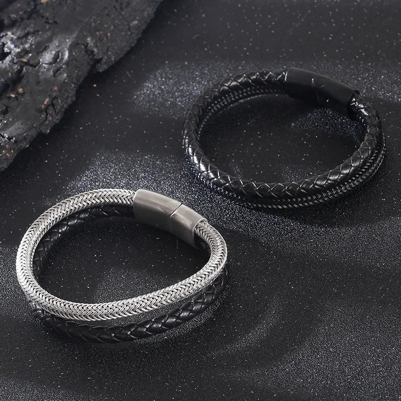 KALEN 12mm Width Men Mature Silver/Black Stainless Steel&Cowhide Leather Double Chain Bracelet