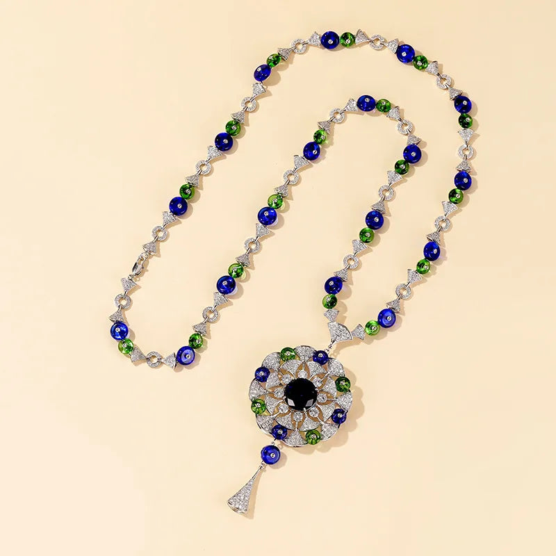 Middle Eastern Luxury Big Flower Pendant Tassel Sweater Chain Necklace & Earrings Set — Rhodium Plated