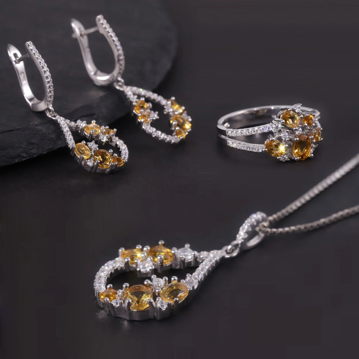S&S Natural Citrine & White CZ Fine Jewellery Set | 925 Silver Rhodium Plated | Oval Cut | S&S Collection