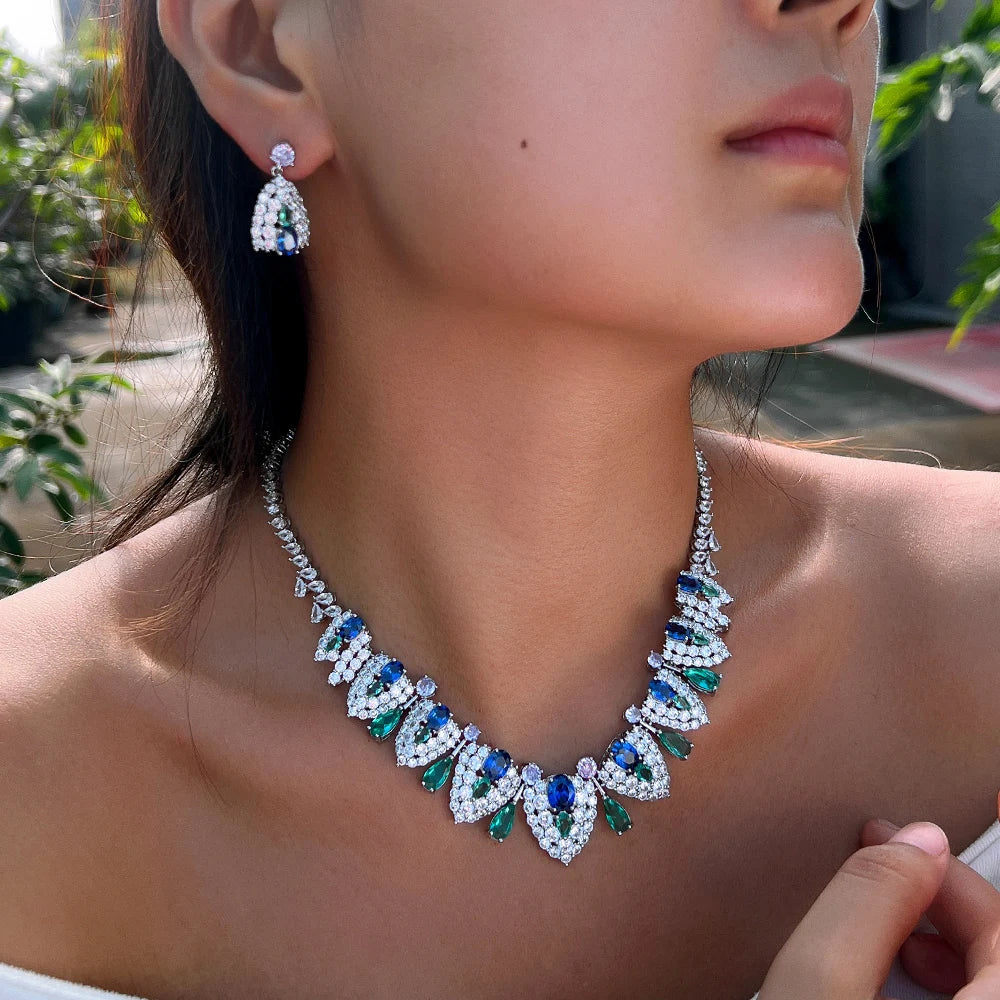 Luxury Brilliant Blue Synthetic Tanzanite Stone and Cubic Zirconia Shield Design Bridal Wedding Party Jewelry Set for Women