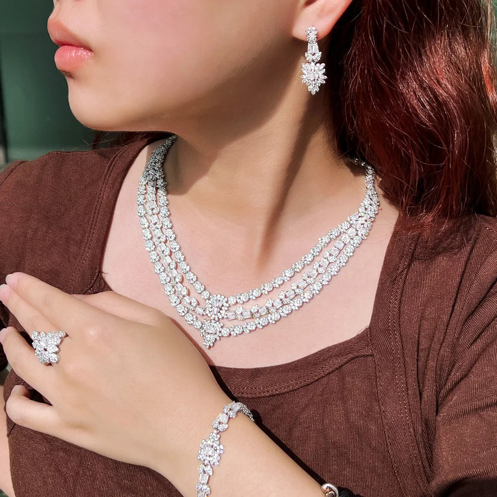 4pcs Necklace Earrings Bracelet Ring Women Zirconia Multiple Layer Wedding Jewelry Set for Bridal Luxury Costume Accessories