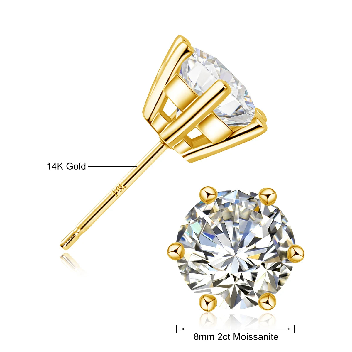 Gioiellieri 0.5ct-2ct Classic 6 Prong 14k Gold Stud Earrings VVS Mossanite for Men Women Birthday Anniversary Gift With Gra Certificate