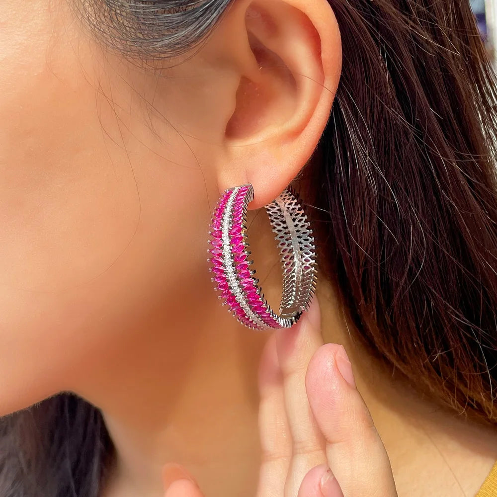 S&S Fuchsia Red Marquise CZ Two-Sided Chunky Hoop Earrings – Rhodium Silver Plated – Collection