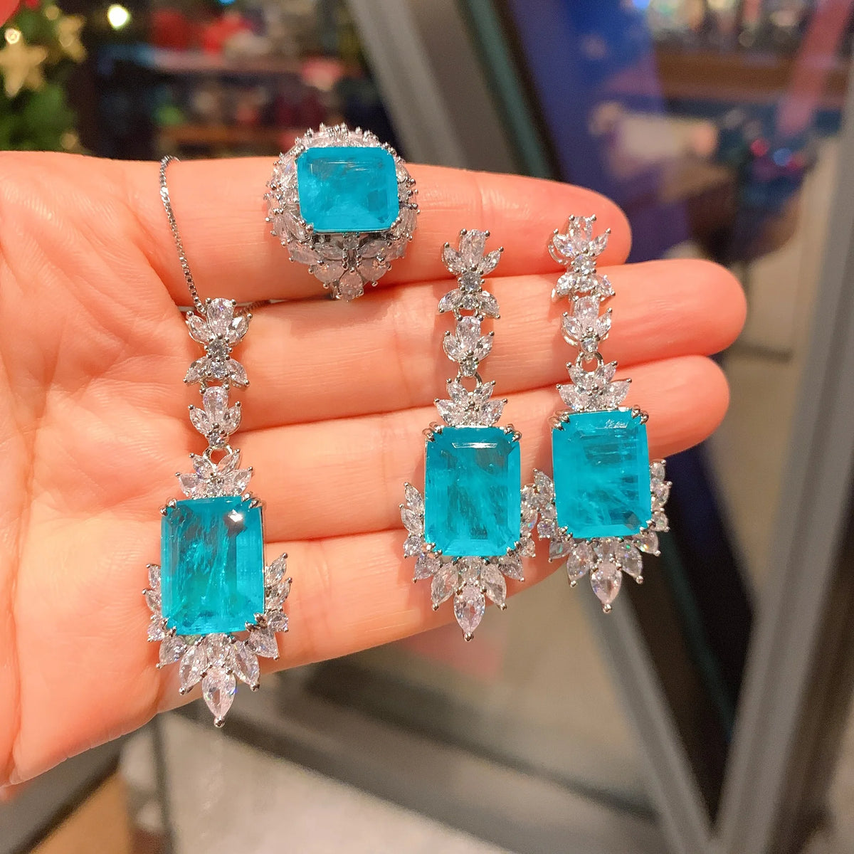 Gemfiori High Quality Luxury Vintage Flower Square Gemstone Design Drop Earring Ring Necklaces Brass Platinum Plated Wedding Jewelry Set
