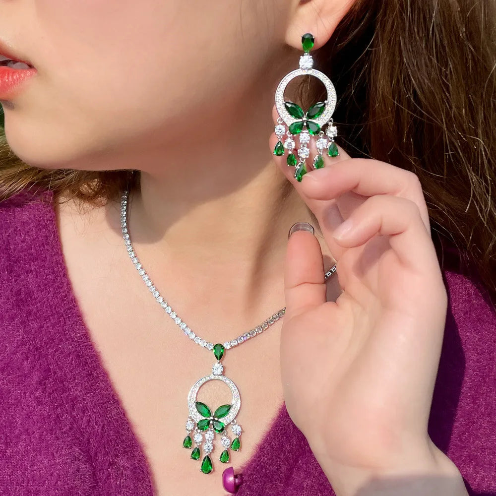 Shimmering Noble Green Cubic Zirconia Chandelier Tassel Drop Big Necklace and Earrings Nigerian Women Prom Wedding Jewelry Set