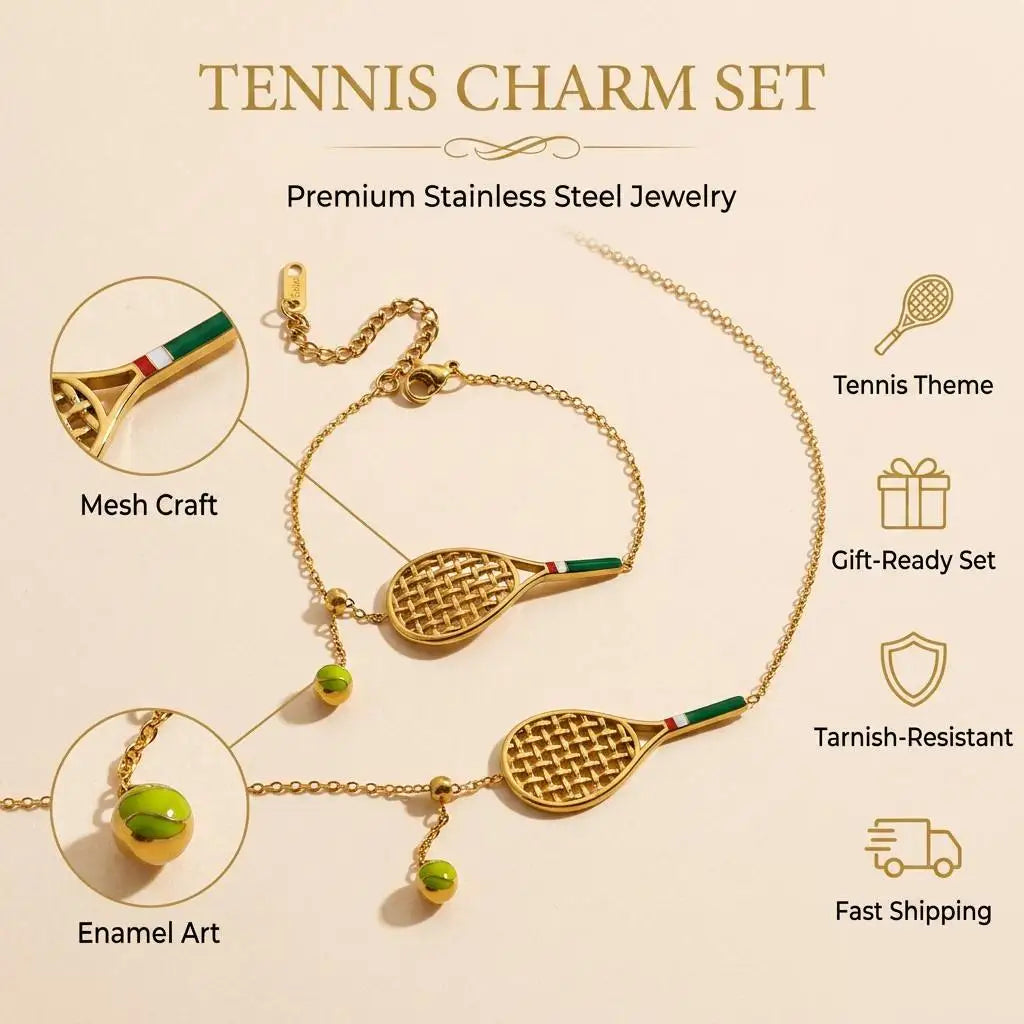 REDheart Tennis Racket Jewelry Set CE Certified Stainless Steel 18K Gold Plated Enamel Tennis Ball Necklace Bracelet Set for Sports Fan
