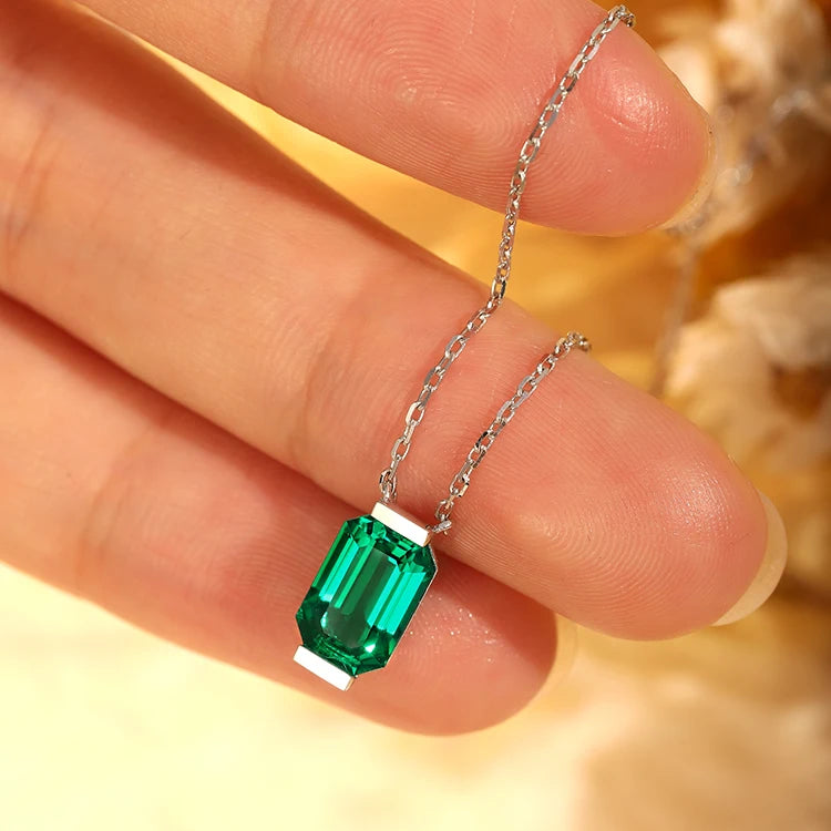Gemfiori Lab Gemstones Emerald 9*6 Columbia Emerald 18K Gold Pendant Necklace for Womens