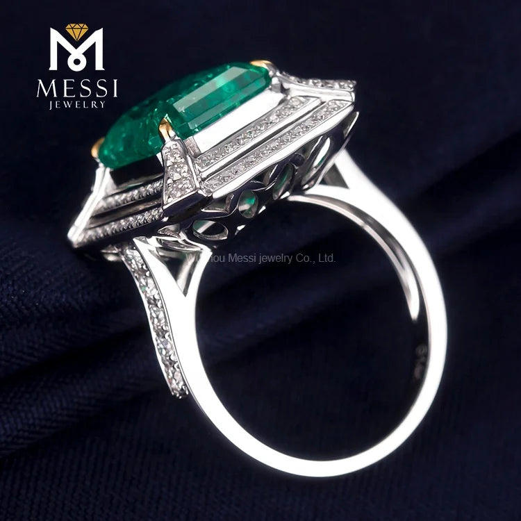Gemfiori Messi Jewelry MSR-251 Luxury Design Emerald Ring for Woman 14k 18k Gold Wedding Engagement Ring Double halo Moissanite Ring