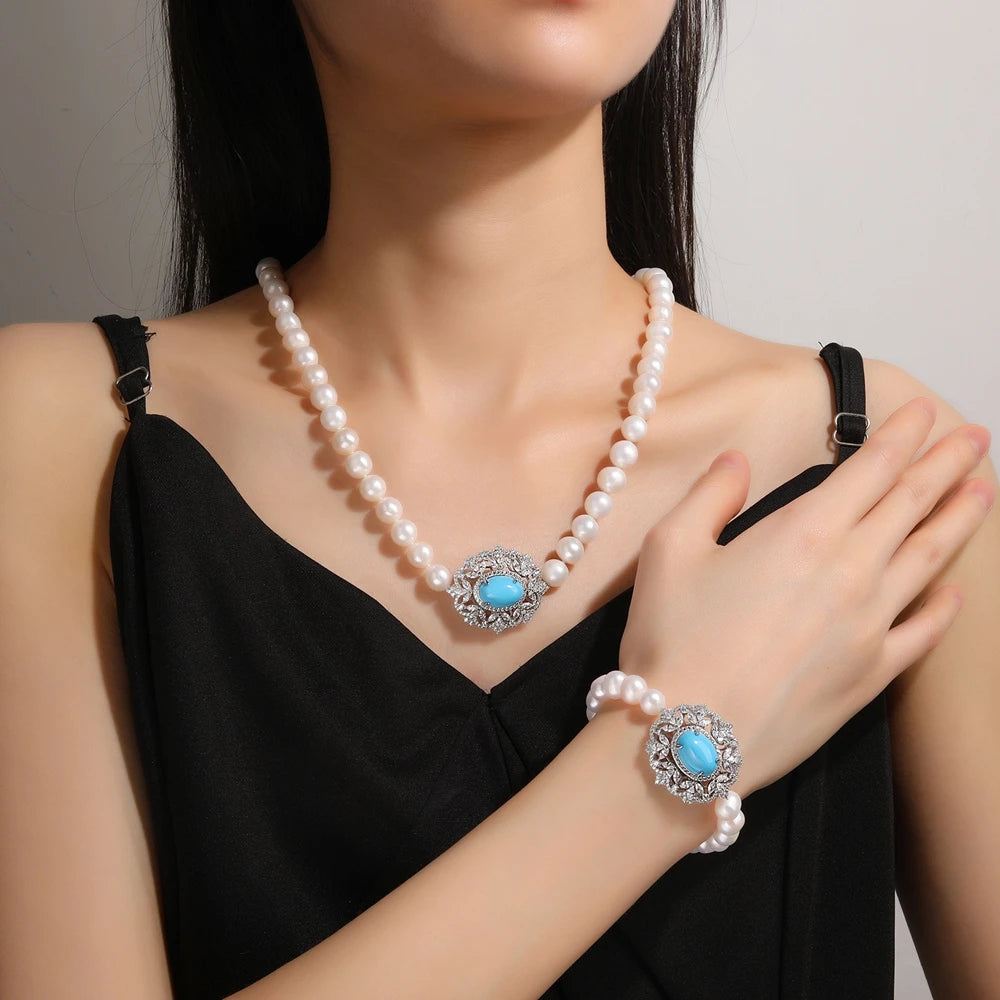 MUSHAN Jewelry Factory S925 Pearl Necklace Women High End Electroplated Gold High Carbon Diamond Blue Turquoise 8mm Accessory