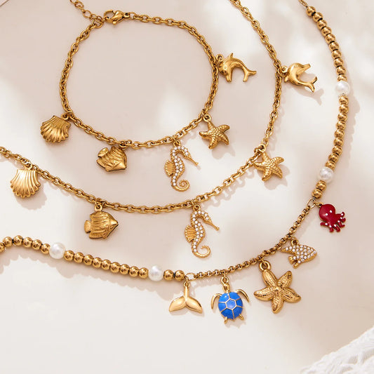 Seahorse & Starfish Natural Stone Multi-Pendant Necklace | 18K Gold Plated Coastal Fashion Jewellery