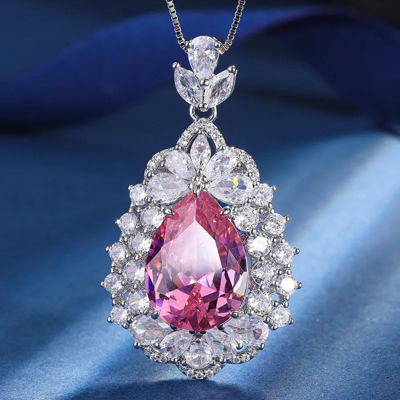 Gemfiori Luxury Pear Cut Gemstone Pendant Necklaces with Matching Ring Double Halo Design Elegant Statement Accessory for Wedding Jewelry