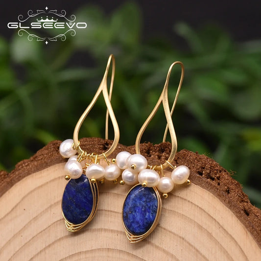 Natural Lapis Lazuli Pearl Temperament Drop Earrings for Women Girls Party Gift Original Design Luxury  Earrings Bulk