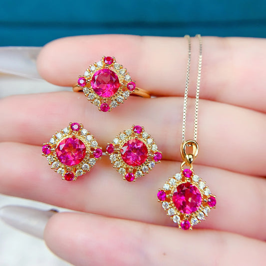S&S Pink Topaz 925 Silver & Gold-Plated Jewellery Set | Ring, Earrings & Necklace | S&S Collection