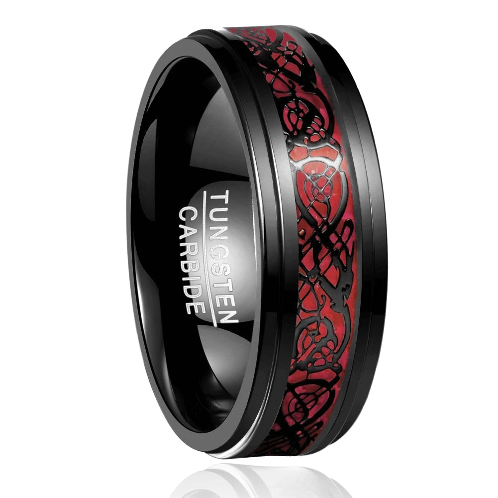 REBEL 8mm plated black step edge inlaid red fiber black dragon pattern men's tungsten steel steel ring jewelry