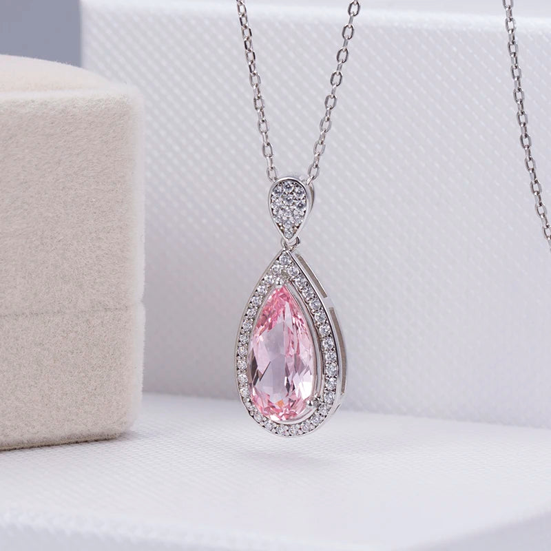 Messi Jewelry MSN-652 Silver 925 Necklace Lab Morganite Pear Cut Pink Channel Setting Diamond Pendant Necklace
