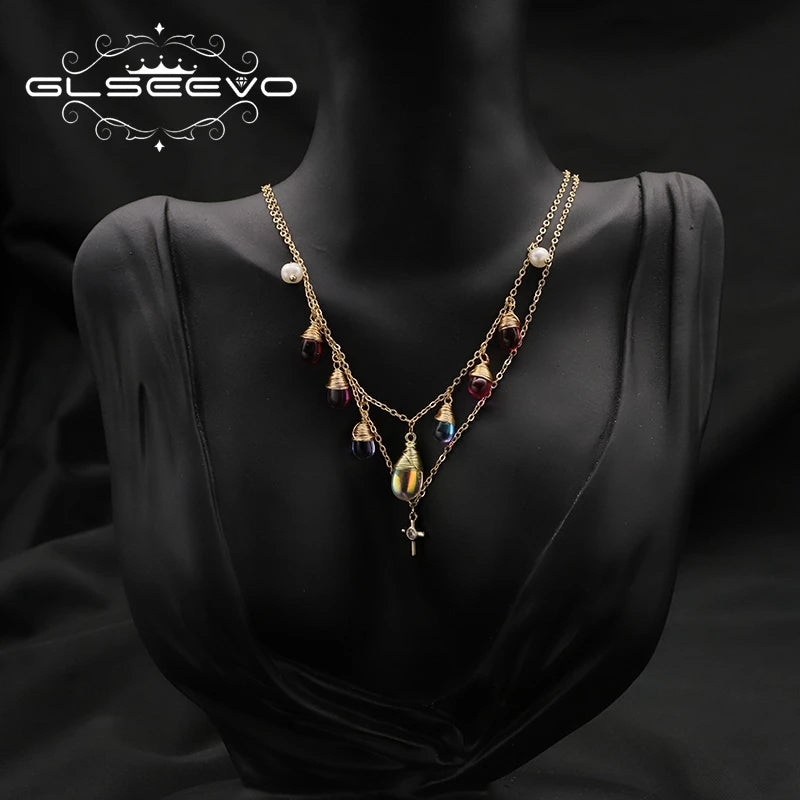 Colorful Crystal Freshwater Pearl Zircon Cross Double Layer Necklace Gold Plated Chain Removable Bridal Necklace Jewelry