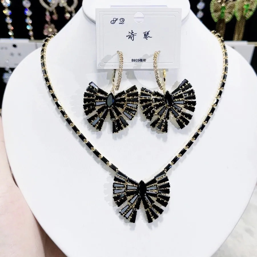 K091 Hot Selling Women Trendy Luxurious Geometric Black Zircon Bridal Necklace Earrings Set Wedding Elegant Jewelry Set